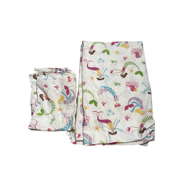 Pottery Barn Kids Mermaid Print Flat Sheet and Pillowcase Twin - Picture 2 of 5